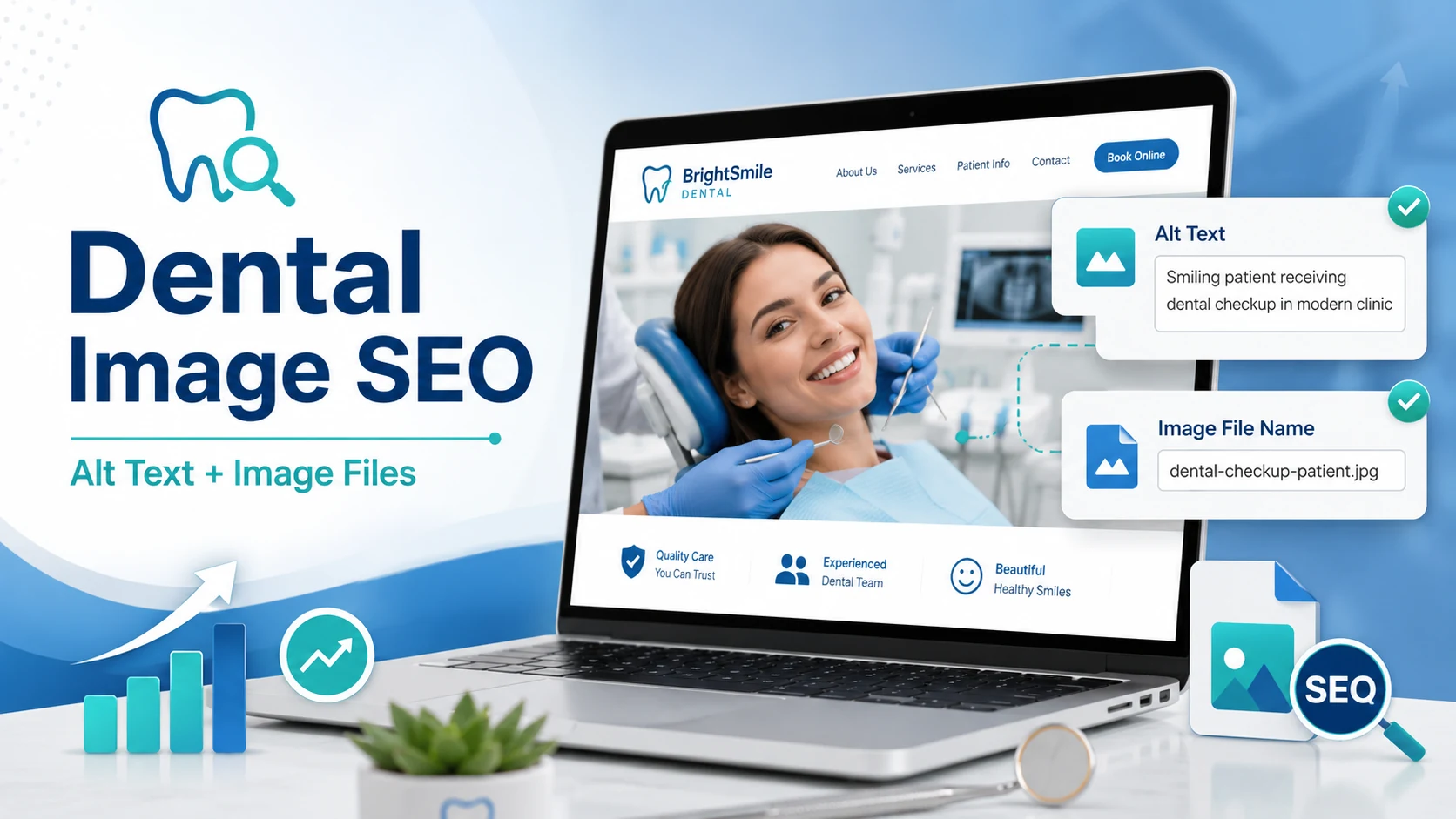 Dental image SEO graphic showing alt text and optimized image file names on a dental practice website.