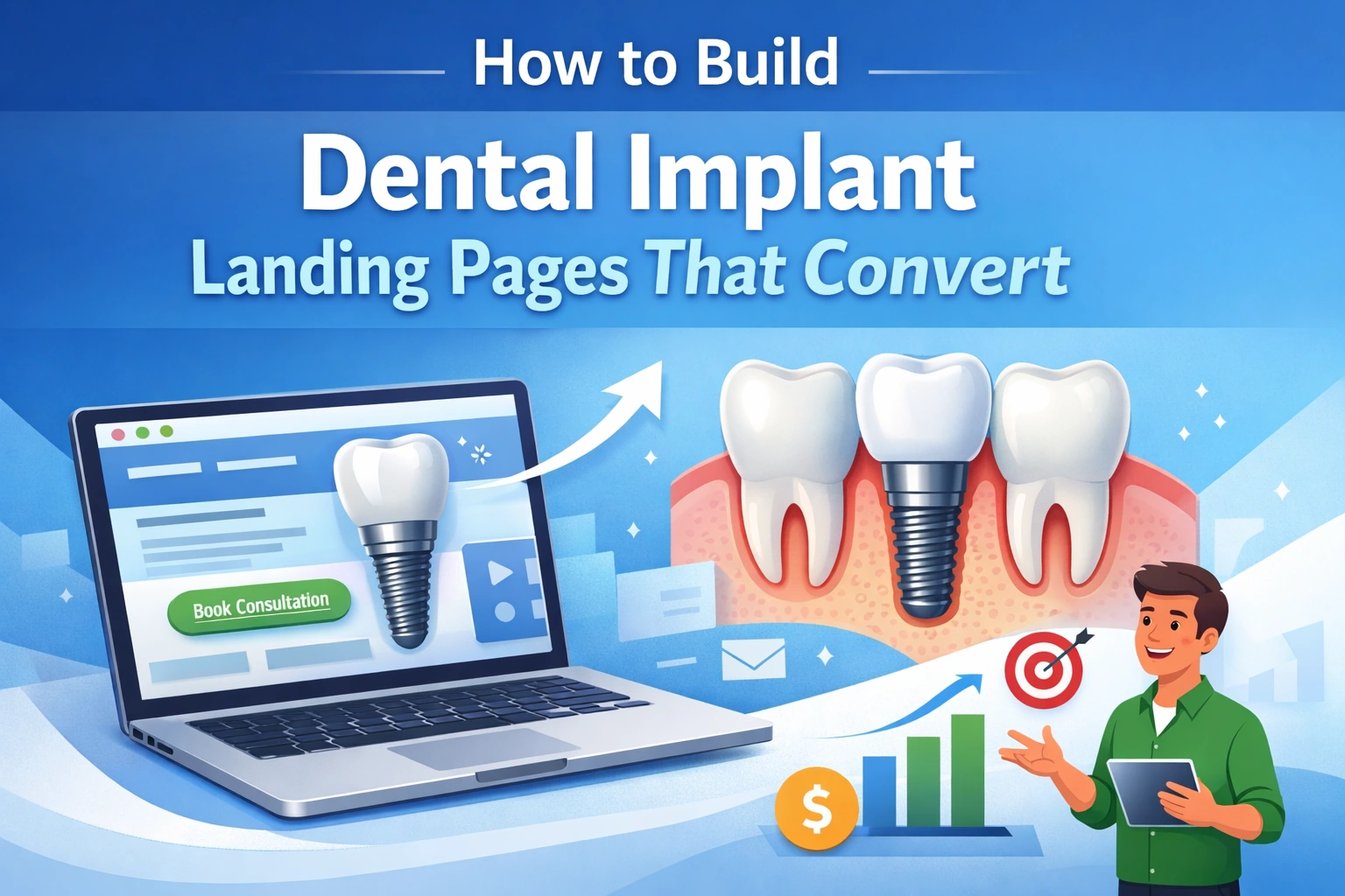 Featured image showing a dental implant landing page with a consultation CTA, implant visuals, and conversion metrics, illustrating how to build dental implant landing pages that convert.