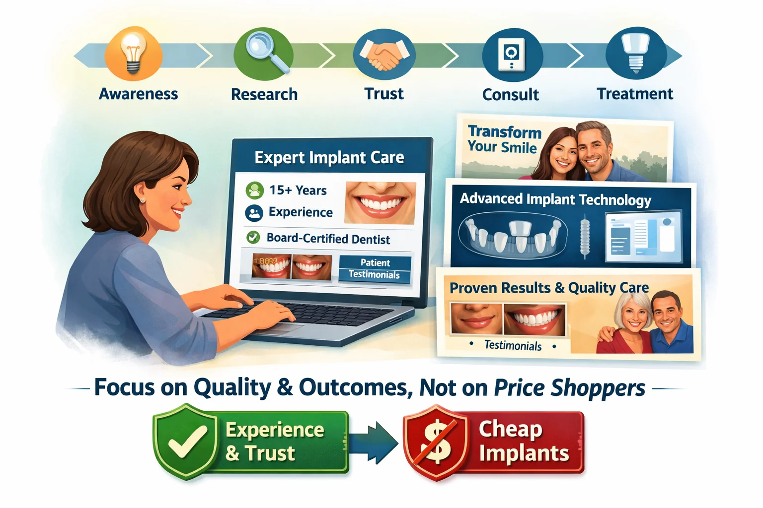 Dental implant marketing illustration showing a value-focused patient researching provider credentials, treatment outcomes, and advanced implant technology along the patient journey from awareness to treatment.