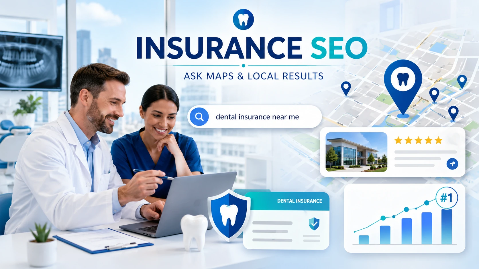 Dental insurance SEO concept showing dentists reviewing dental insurance near me search results, local map pins, and ranking analytics for Ask Maps and local results