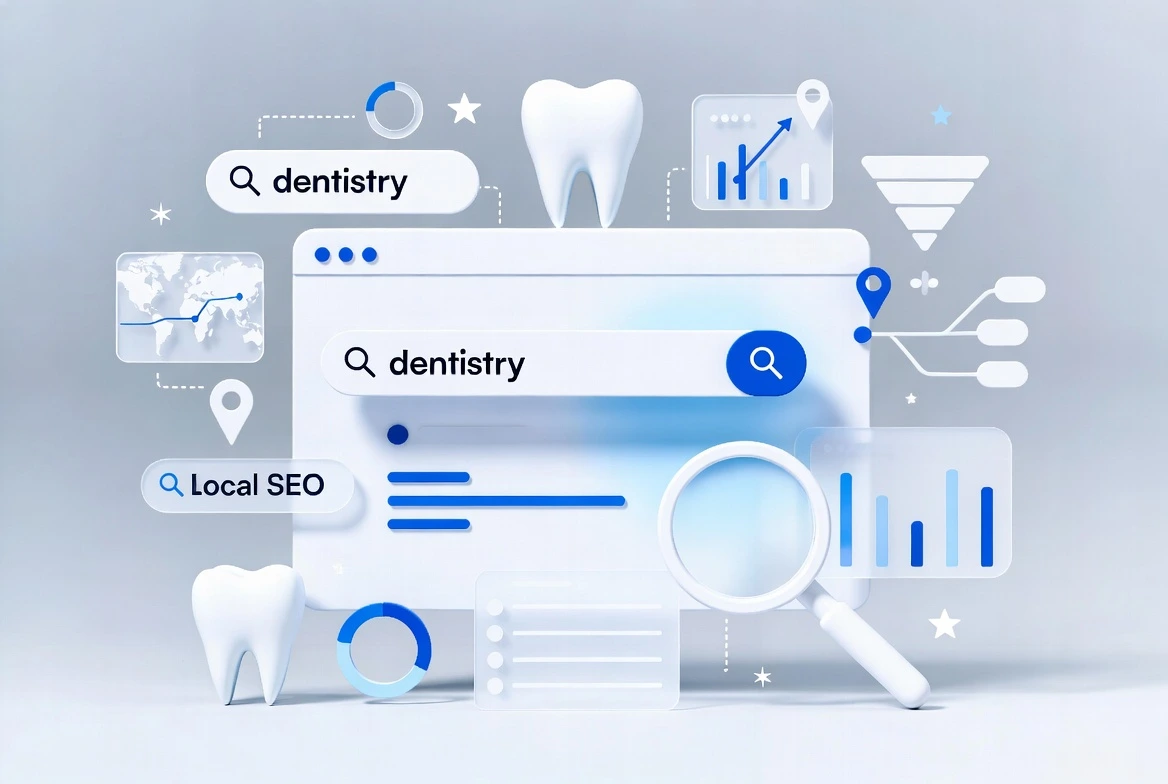 Illustration showing dental SEO concepts with search bars, keyword elements, local SEO icons, analytics charts, and dental imagery representing keyword research for dentistry in 2025.