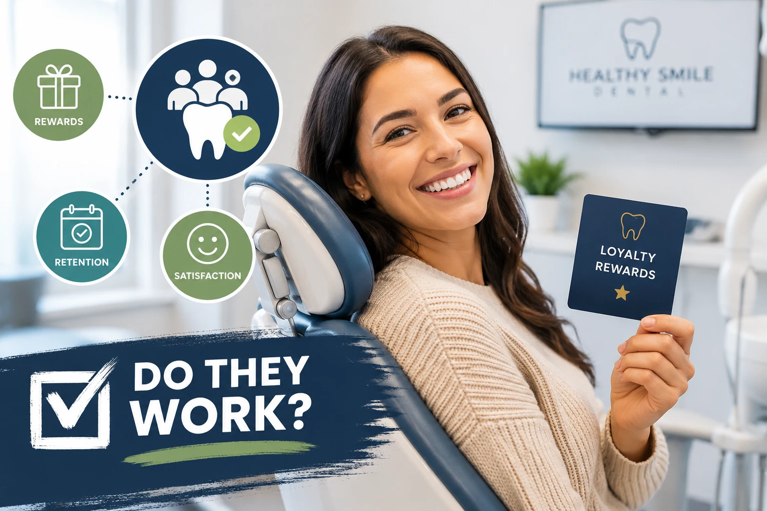 Smiling patient holding a dental loyalty rewards card beside an infographic on program benefits like retention and satisfaction