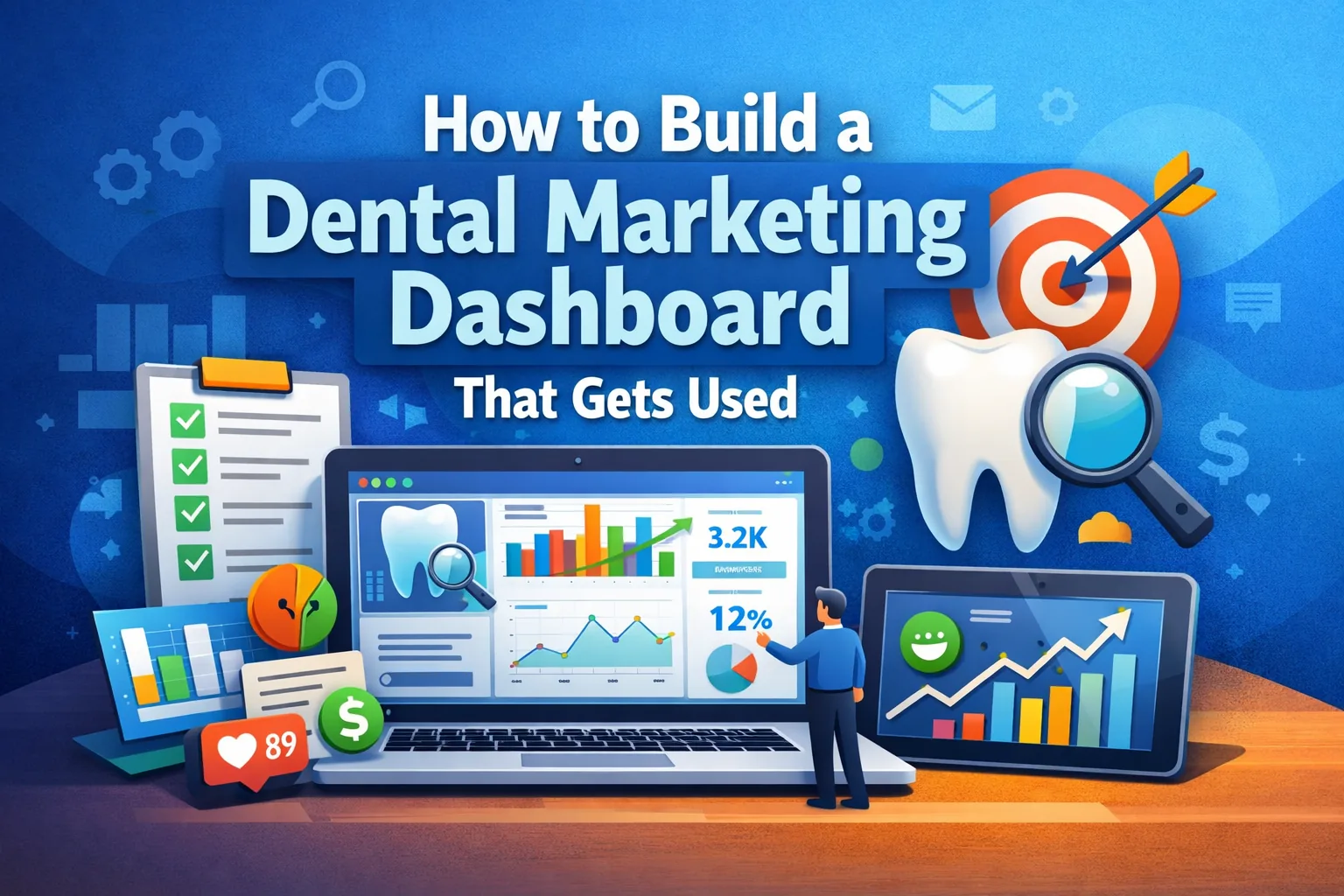 Dental marketing dashboard featured image showing analytics charts, KPI graphs, a tooth icon, and targeting visuals on screens, illustrating how to build a dental marketing dashboard that gets used.