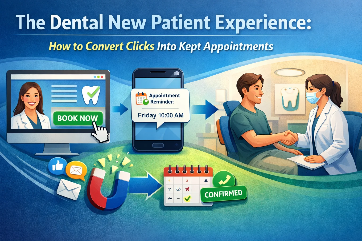 Illustration of the dental new patient experience showing online booking, appointment reminders, and an in-office visit to convert clicks into kept dental appointments.