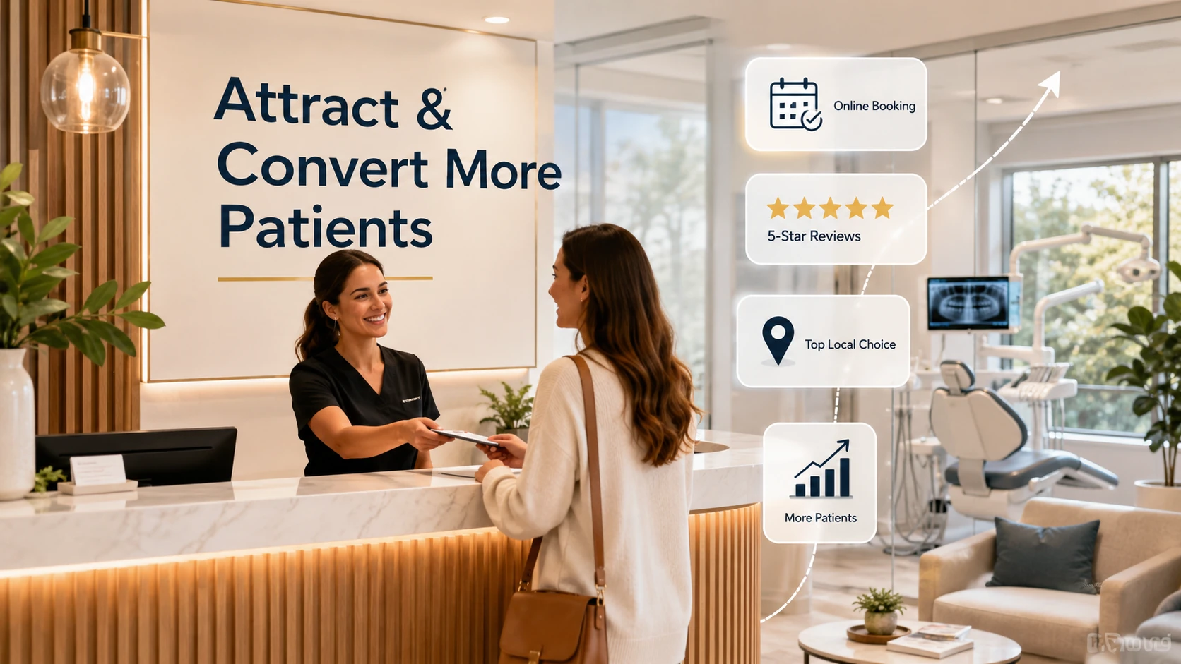 Modern dental office design with welcoming reception area, patient marketing icons, online booking, reviews, and growth signals to attract and convert more patients