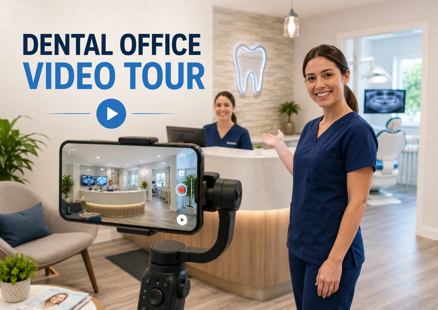 Dental office video tour being filmed on a smartphone as a team member welcomes prospective new patients inside a modern dental practice.
