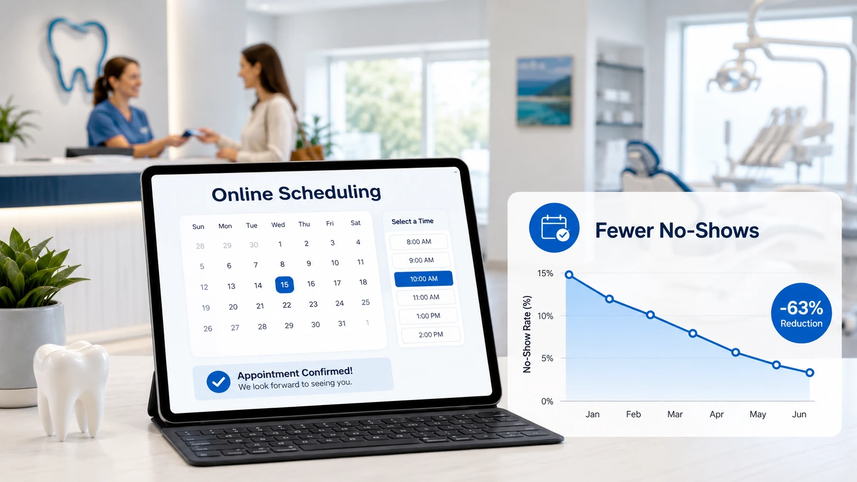 Dental online scheduling dashboard showing confirmed appointments and no-show rate data decreasing in a modern dental office