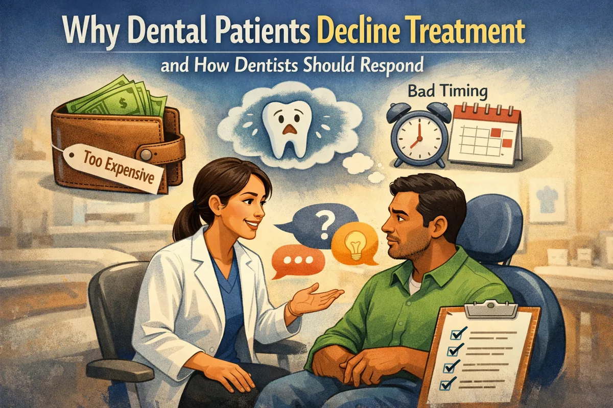 Dental treatment acceptance illustration showing a dentist addressing why dental patients decline treatment—cost, fear, and timing—using supportive communication to improve case acceptance.