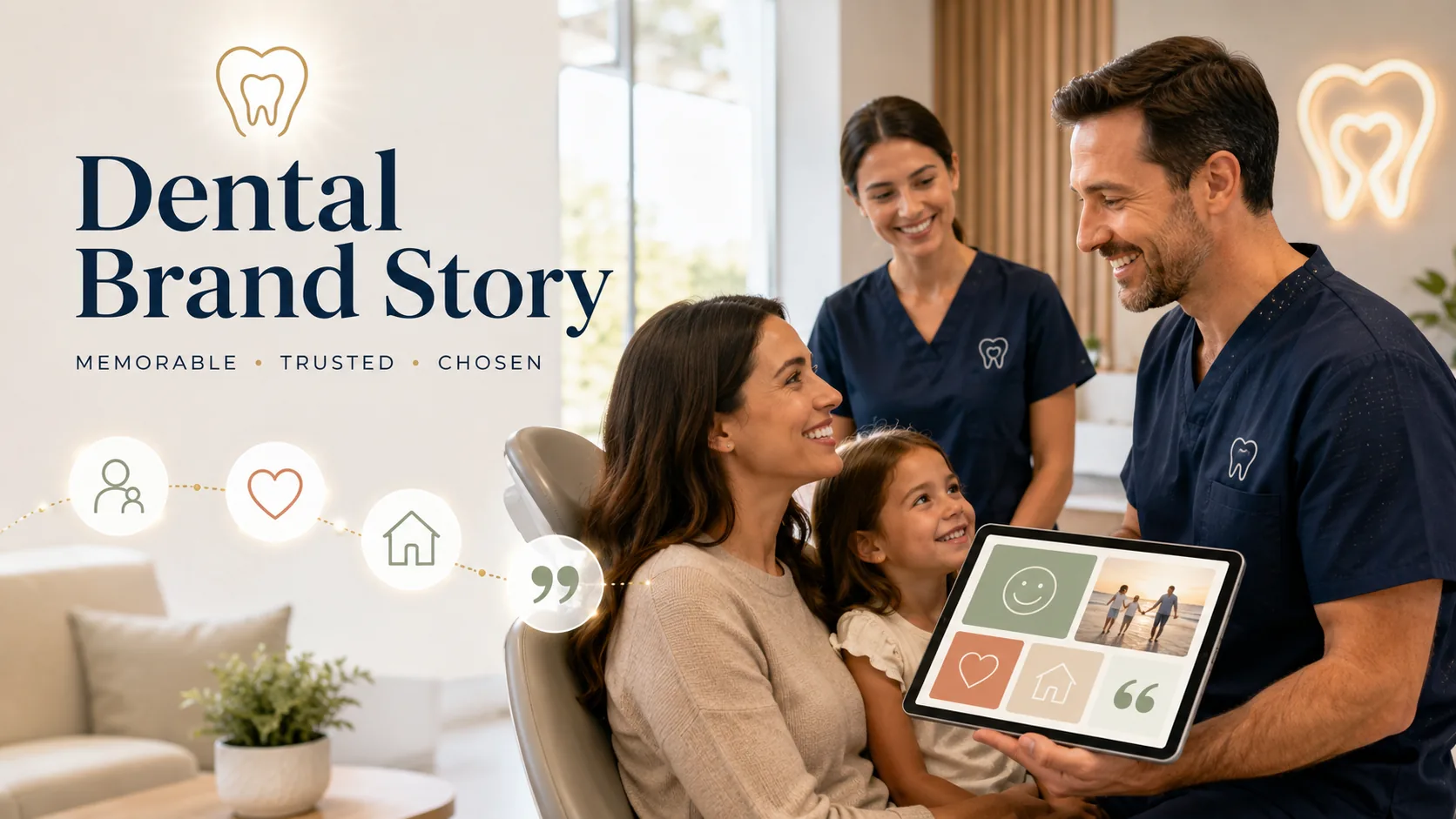 Dentist sharing a dental practice brand story with a patient and family to build trust, connection, and a memorable patient experience