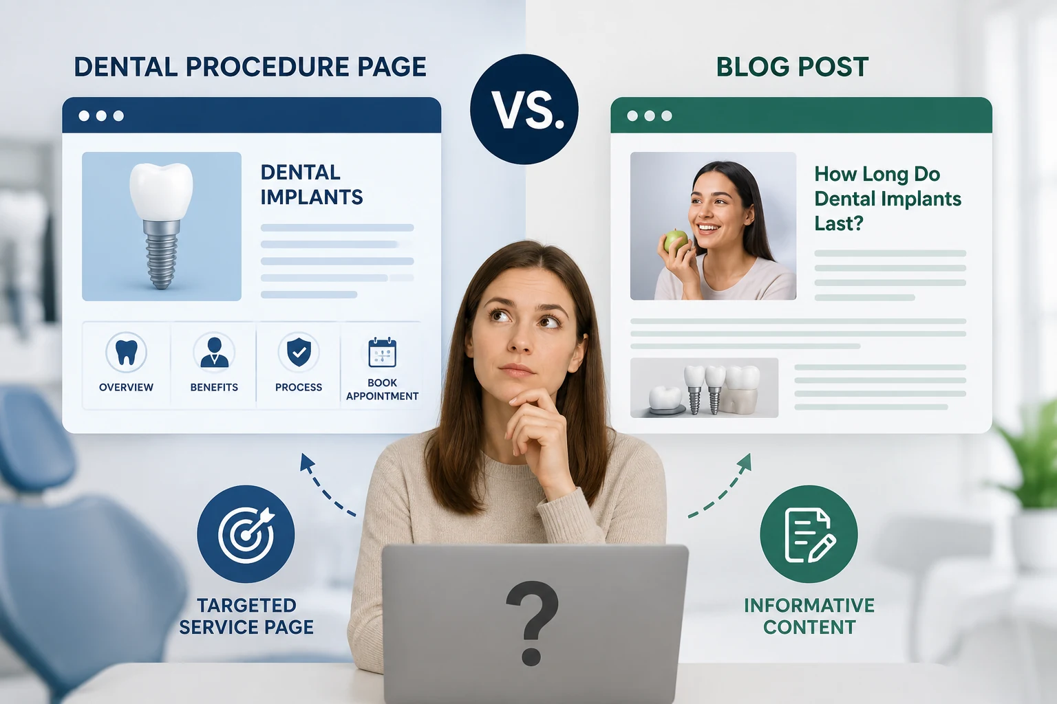 Dental procedure page versus blog post comparison showing how dentists can match SEO keywords with targeted service pages or informational blog content.