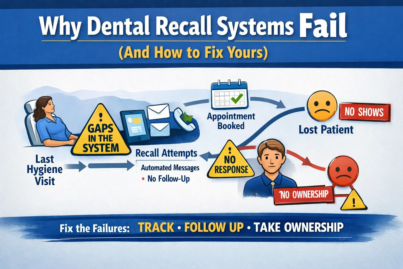 Dental recall system workflow diagram showing patient journey from last hygiene visit through automated reminders, no response gaps, and human follow-up leading to booked appointment or lost dental patient reactivation failure.