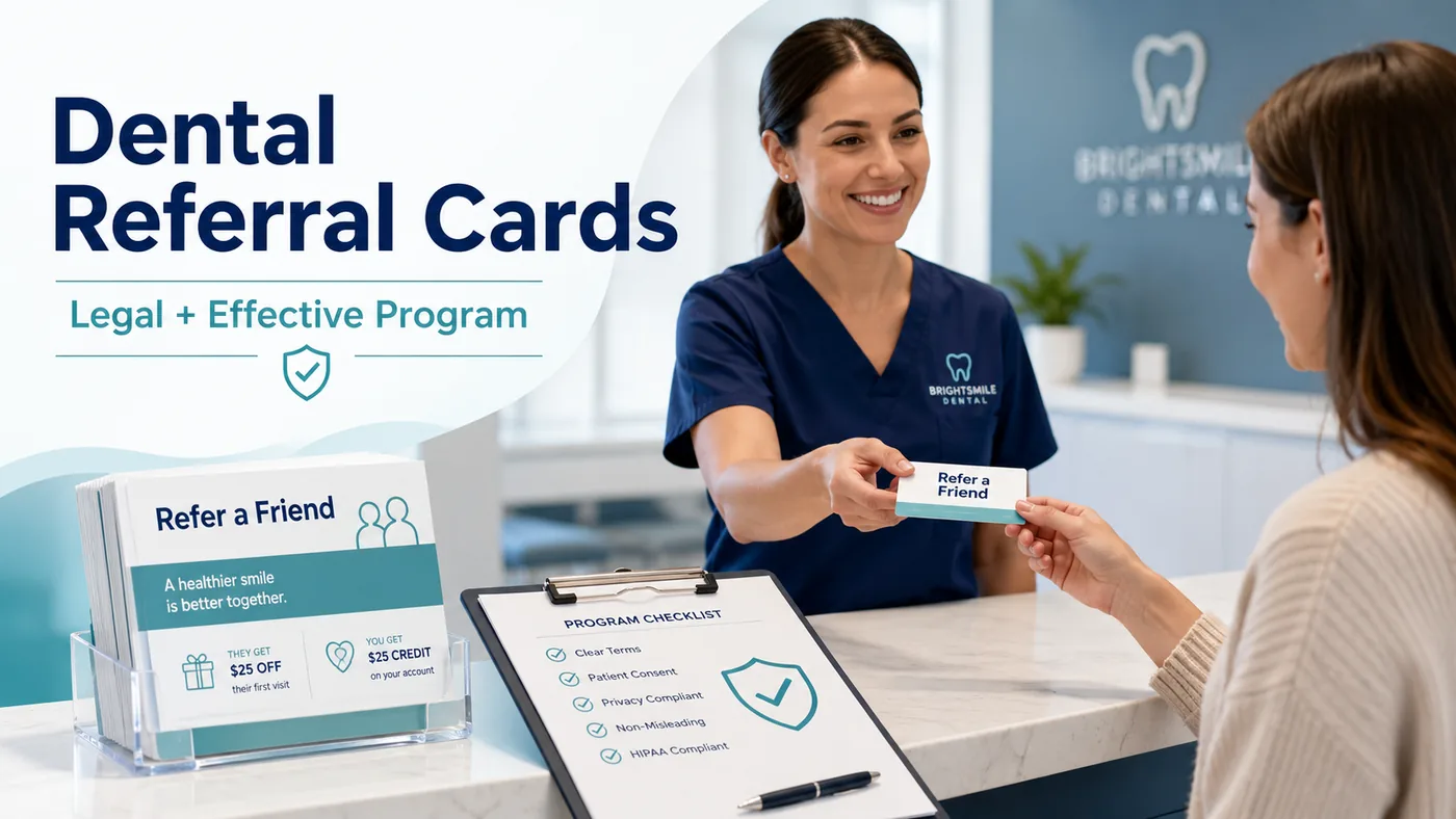 Dental referral cards handed to a patient with a legal and effective dental referral program checklist