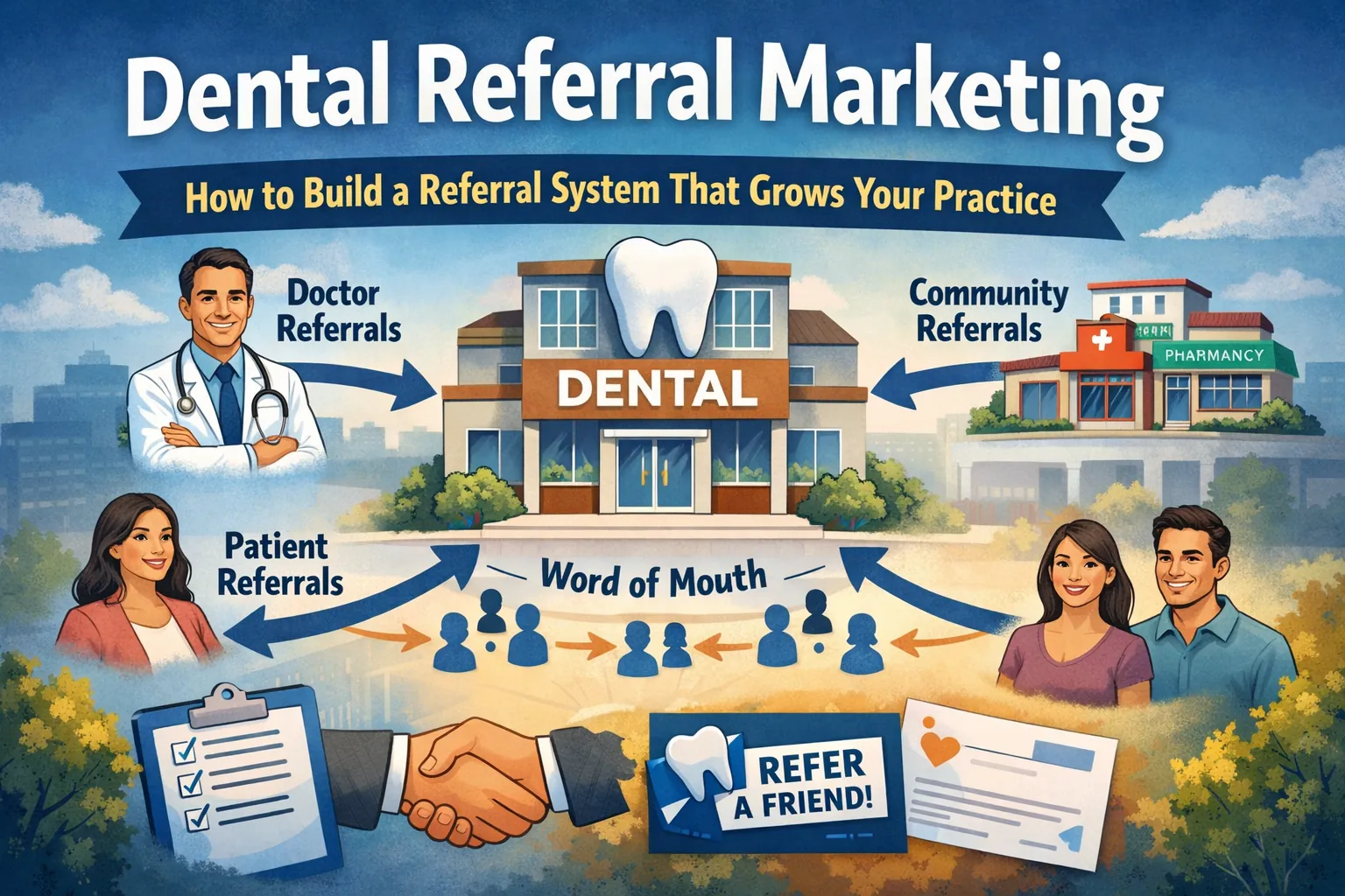 Dental referral marketing illustration showing a dental practice connected to patient referrals, doctor referrals, and community referrals as part of a referral system that grows your practice.