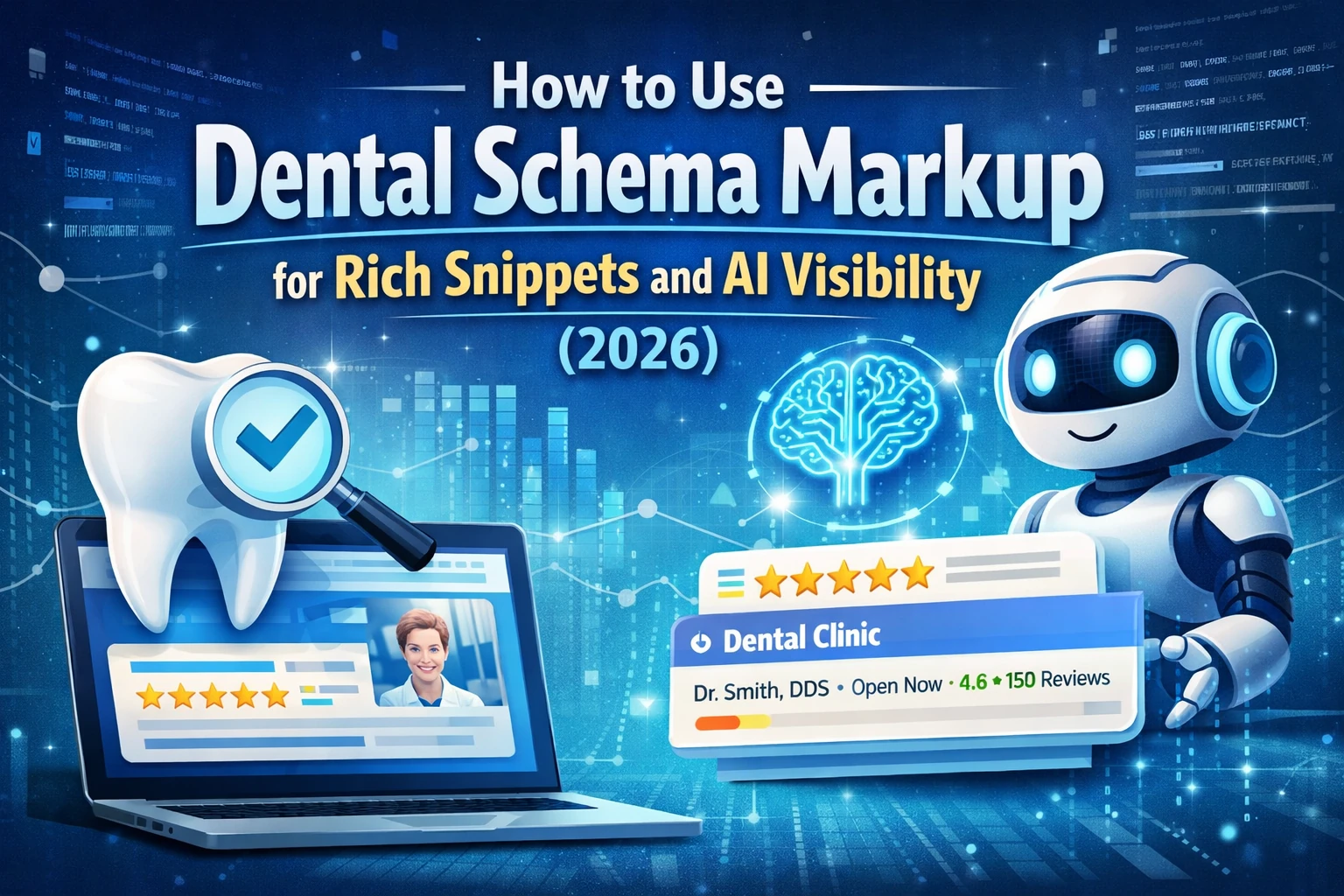 Featured image for dental schema markup showing a tooth, search rich snippets, star ratings, and an AI assistant to illustrate how dental schema markup improves rich snippets and AI visibility in 2026