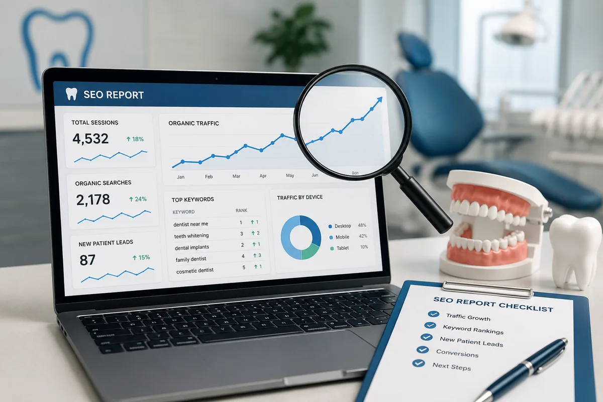 Dental SEO report dashboard showing organic traffic, keyword rankings, new patient leads, and conversion metrics for a dental practice.