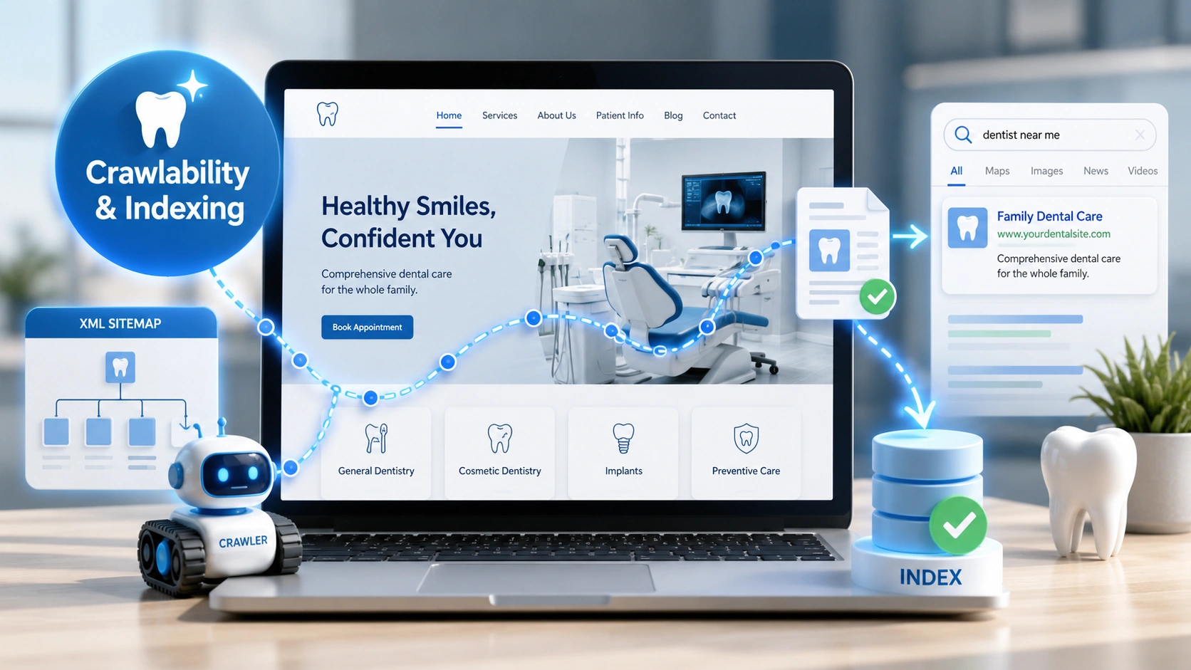 Dental website crawlability and Google indexing illustration showing a crawler path, XML sitemap, dental website pages, and search result visibility