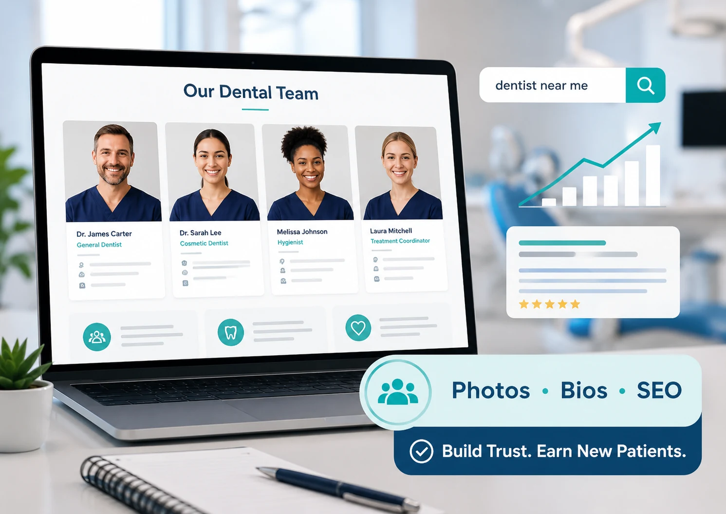 Dental team page showing dentist photos, staff bios, SEO search cues, and trust-building elements to help earn new patients