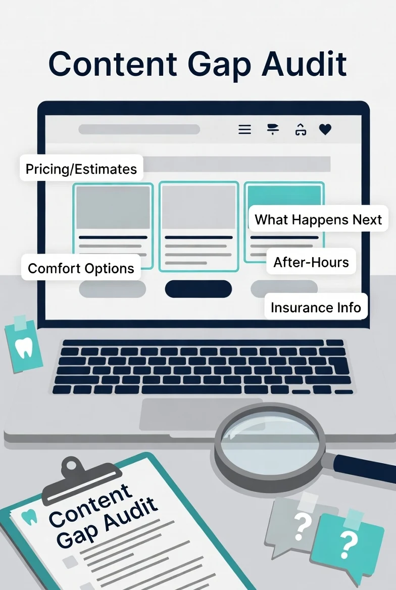 Content gap audit illustration for a dental website showing missing info like pricing, comfort options, insurance, after-hours, and what happens next.