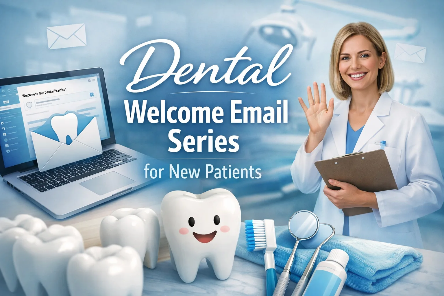 Dental welcome email series featured image showing dentist, laptop with welcome email, and tooth icon for new patient onboarding
