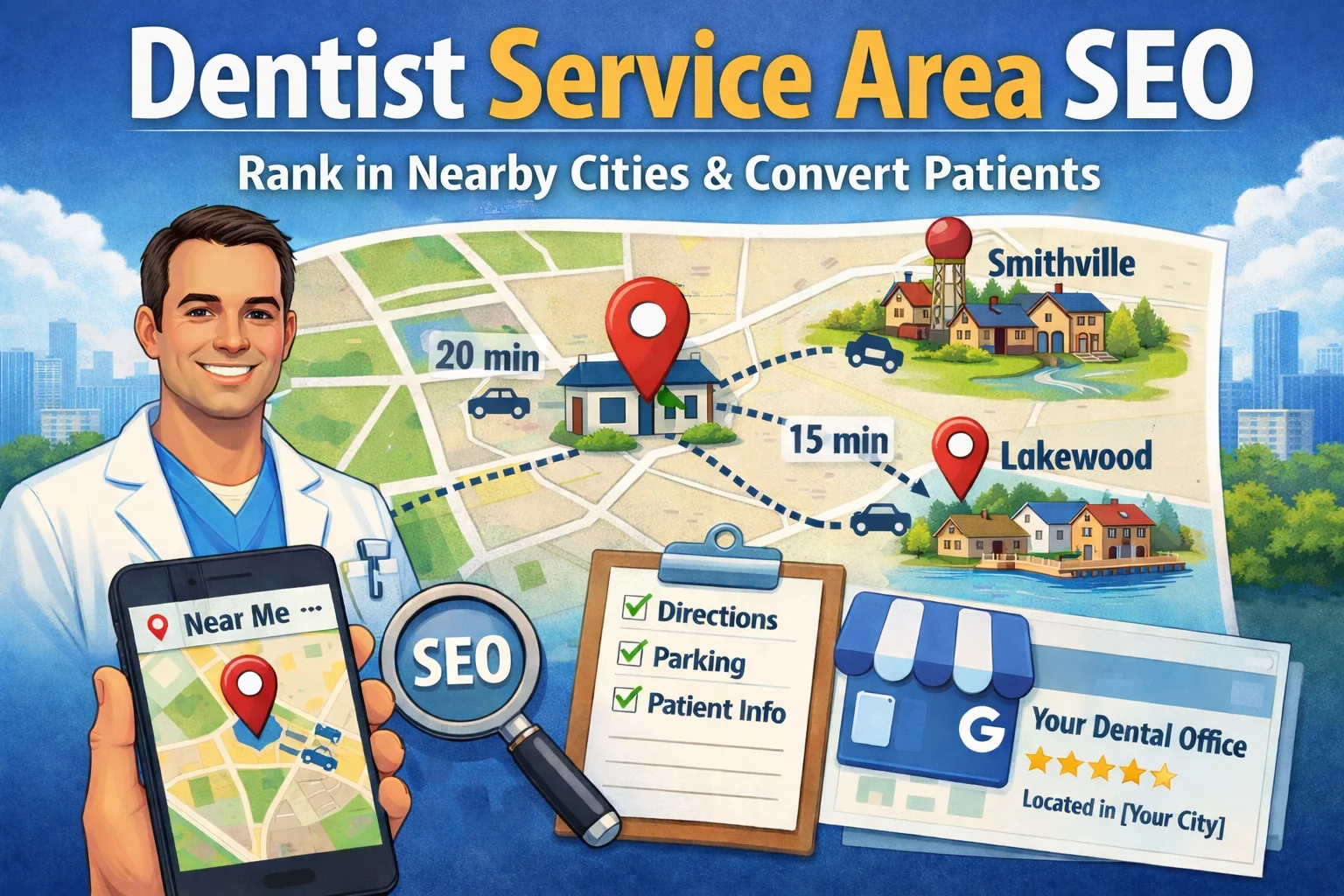 Illustration of dentist service area SEO showing a map with nearby cities, drive-time routes, a ‘dentist near me’ search, and a Google Business Profile.