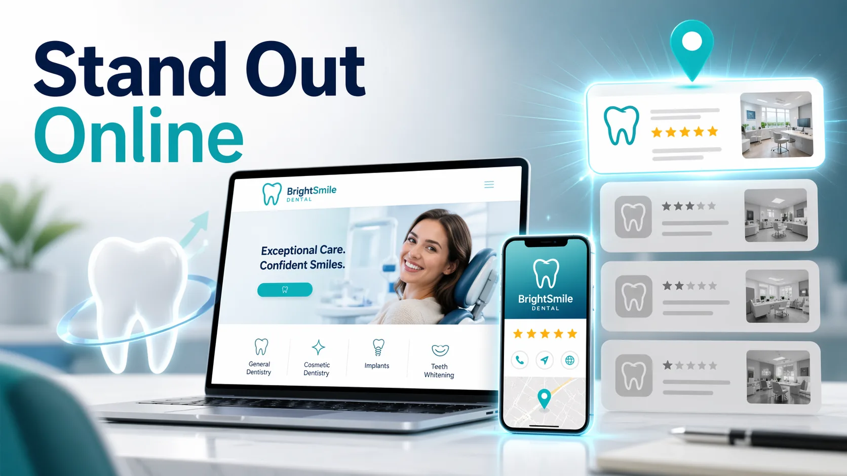Differentiating a dental practice online with a standout website, local SEO listing, reviews and branding in a saturated market.