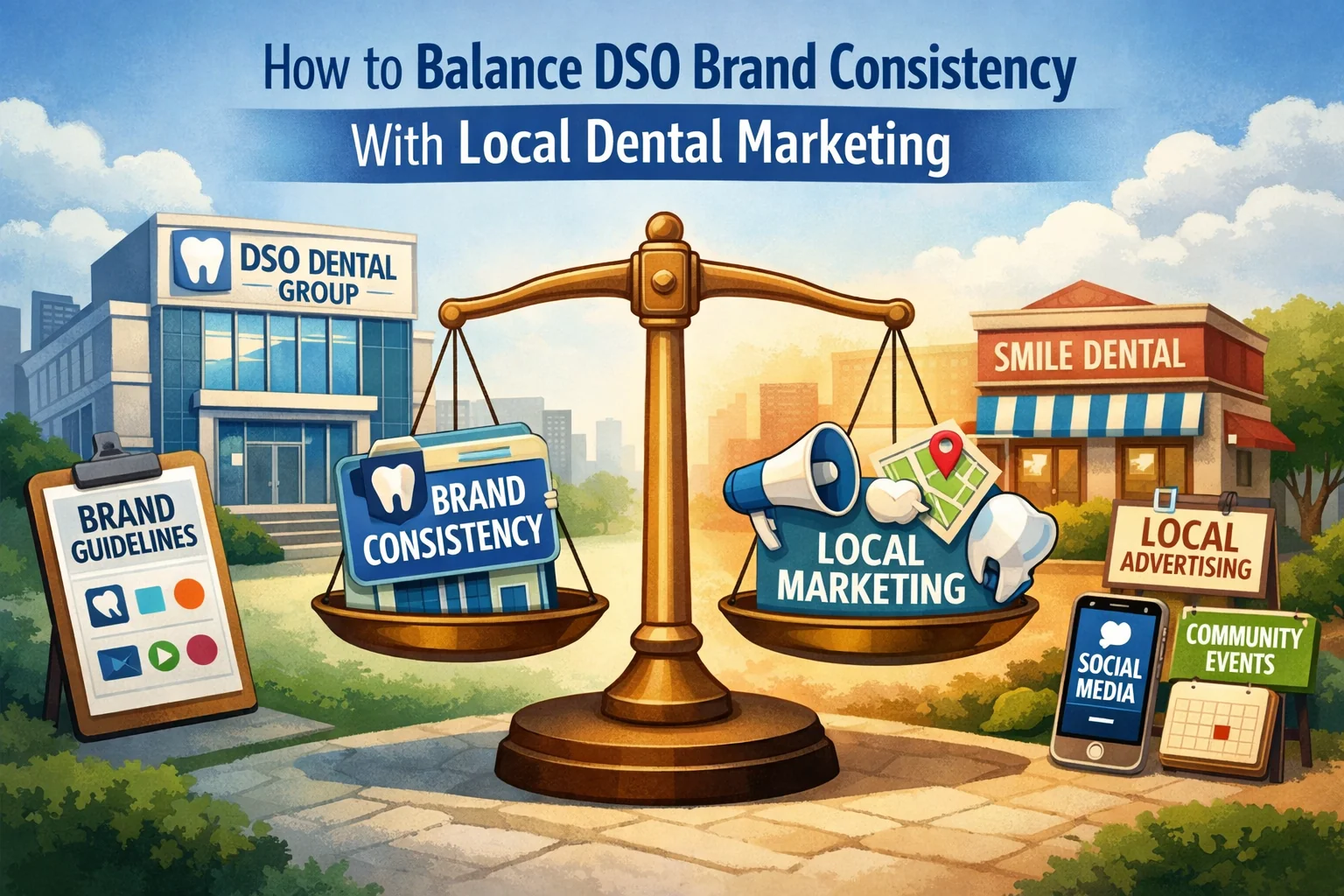 Illustration showing how to balance DSO brand consistency with local dental marketing, featuring a scale between centralized dental branding and community-focused promotion tactics.