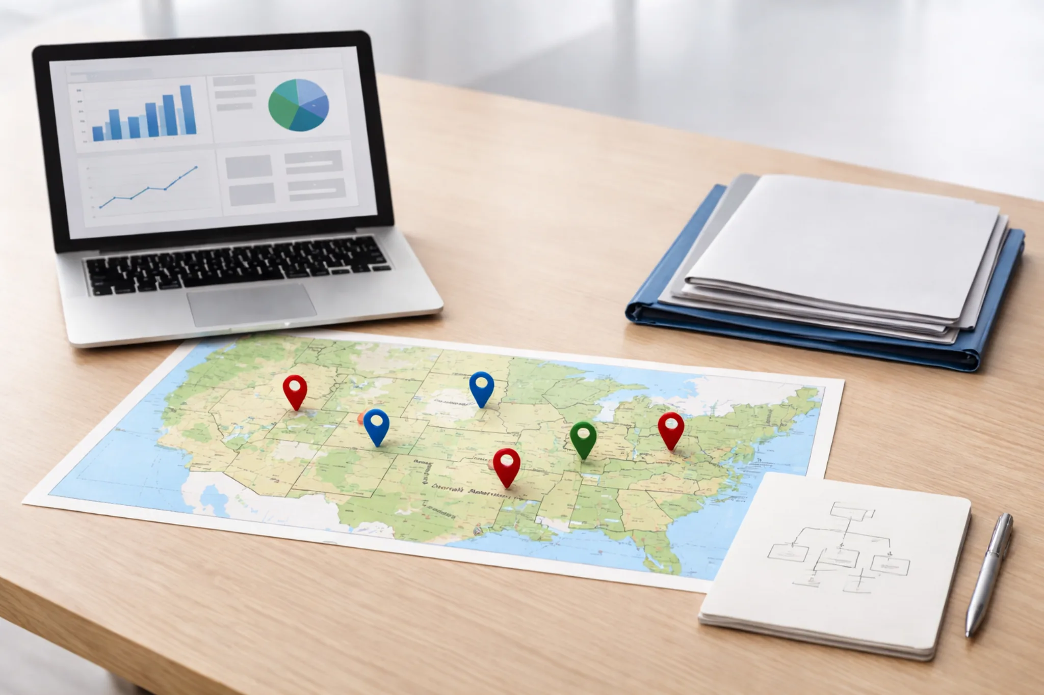 Dental support organization strategy concept with map and location pins, showing multi-location management and governance.