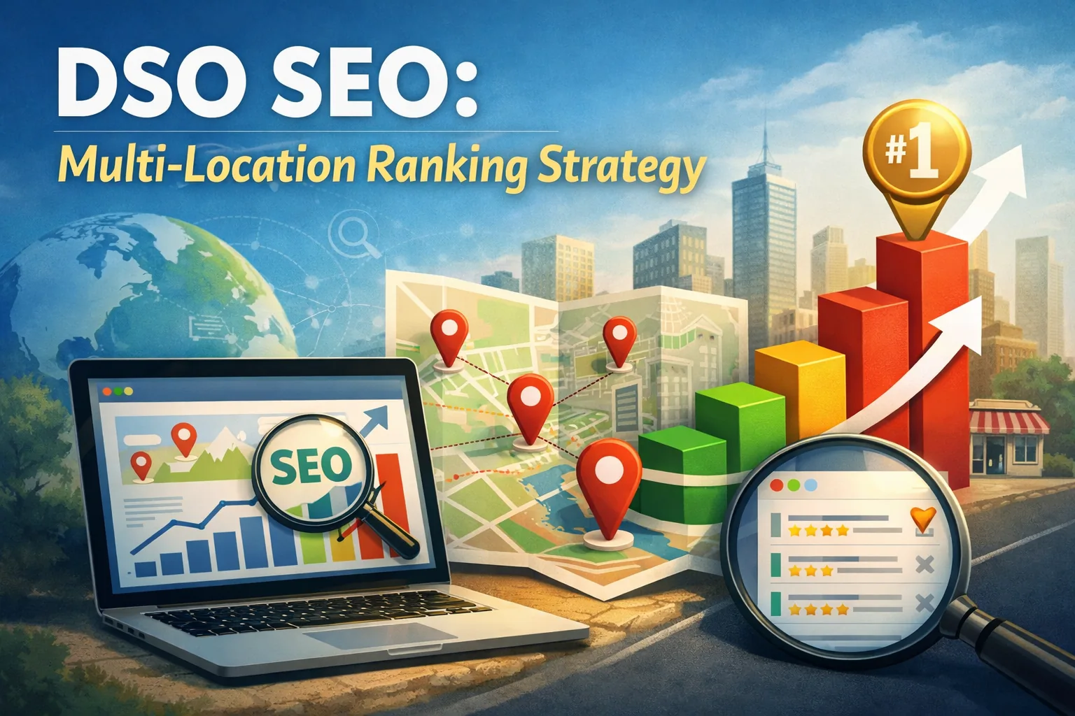 DSO SEO multi-location ranking strategy featured image showing a laptop with SEO analytics dashboard, map pins across multiple locations, local listings, and a rising ranking chart for local search visibility.