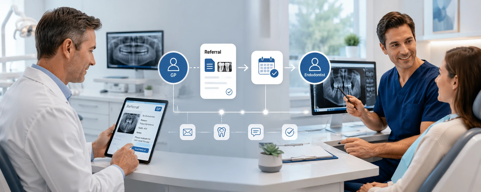 General dentist sending a referral to an endodontist through a digital referral pipeline with dental X-rays and patient consultation