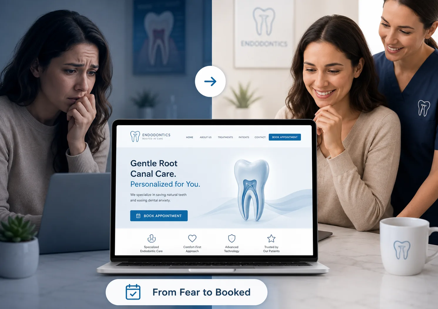 Endodontist website design for anxious patients showing a calming root canal website with a Book Appointment CTA that helps turn dental fear into booked appointments