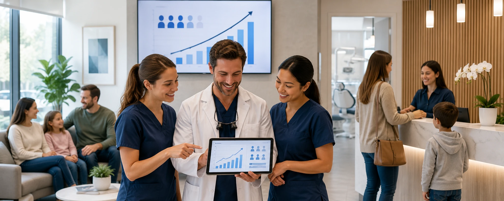New dental practice team reviewing patient acquisition growth strategy with new patients checking in at a modern dental office