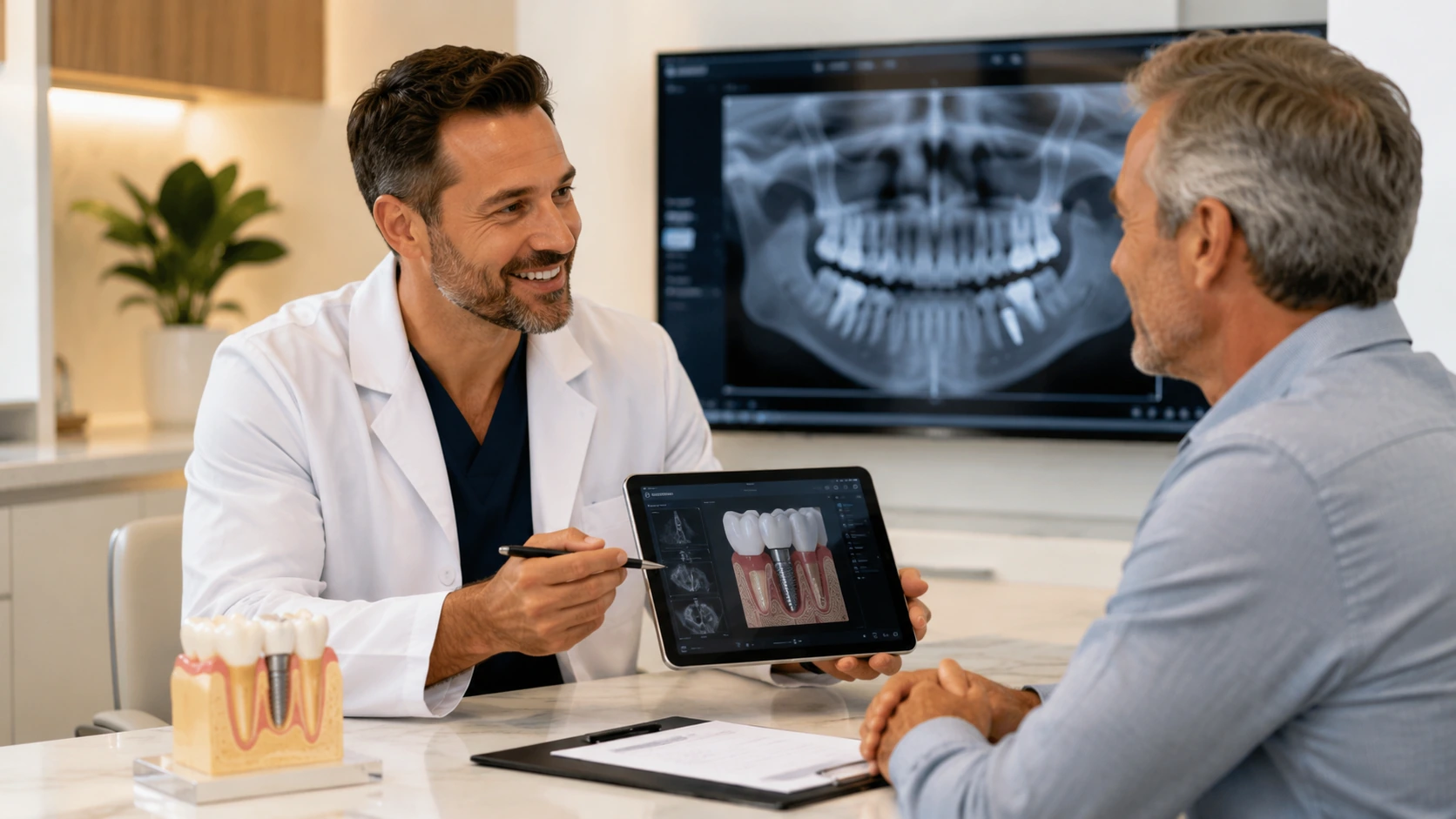 Dentist explaining a dental implant treatment plan during a free implant consultation in a modern practice office