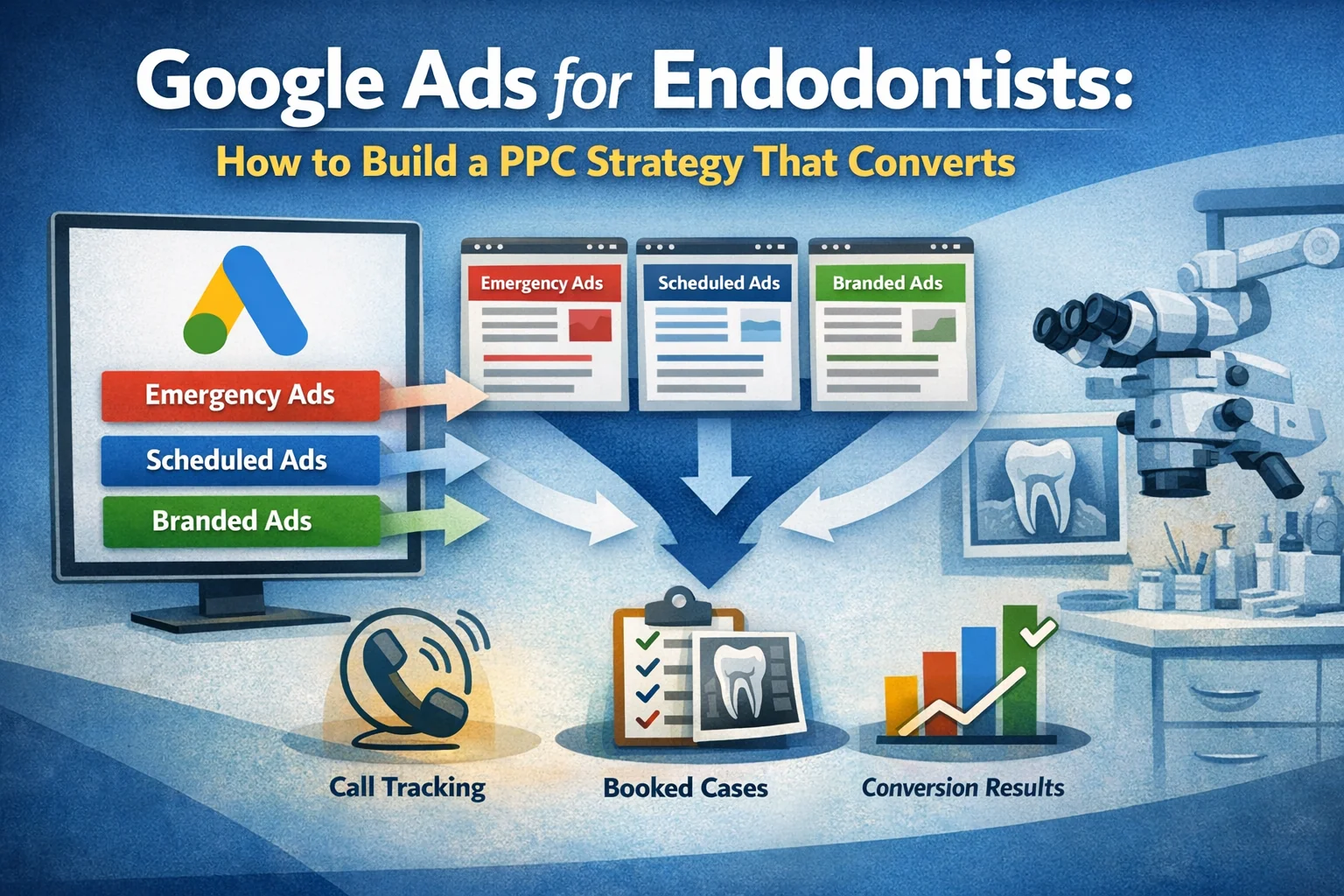 Google Ads for endodontists PPC strategy illustration with emergency, scheduled, and branded campaigns, matched landing pages, call tracking, and booked-case conversion reporting.