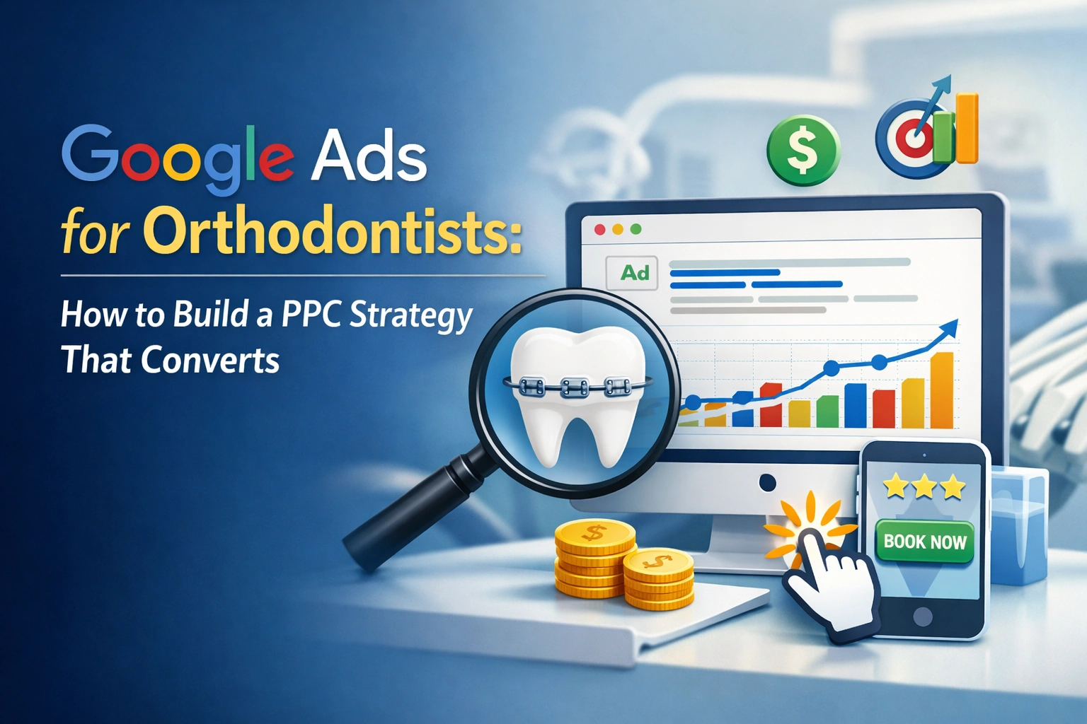 Google Ads for orthodontists featured image showing a tooth with braces, PPC dashboard, rising conversion chart, and mobile book-now ad