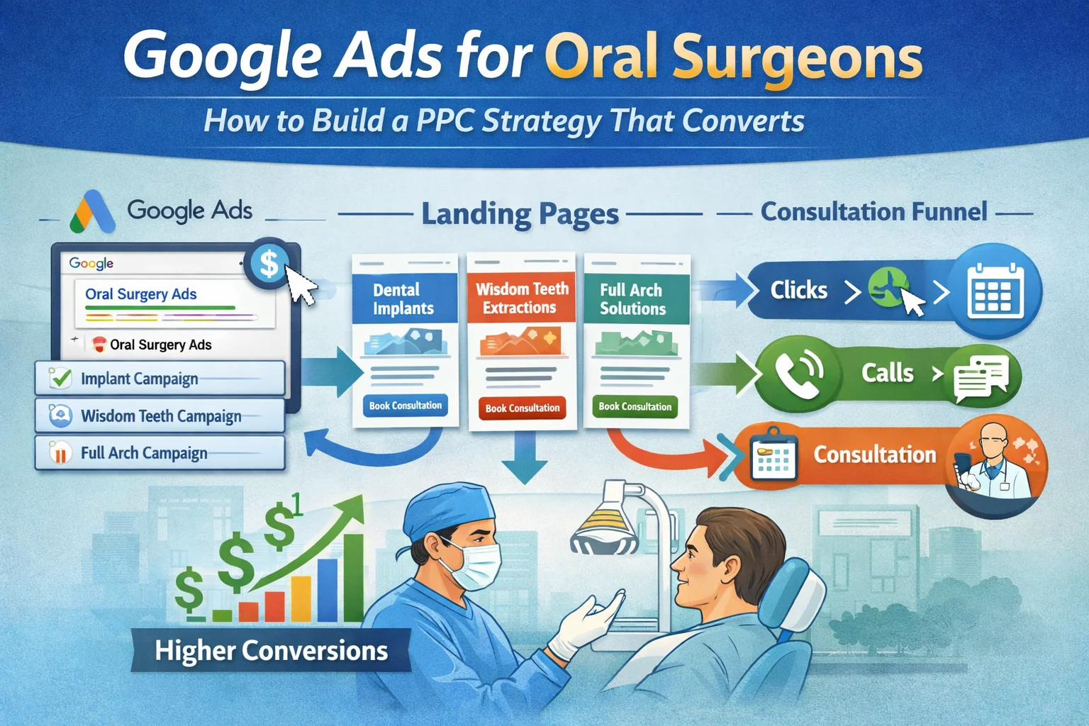 Google Ads for oral surgeons PPC strategy illustration showing procedure-specific campaigns for dental implants, wisdom teeth, and full-arch cases, landing pages, and the path from clicks to booked surgical consultations.