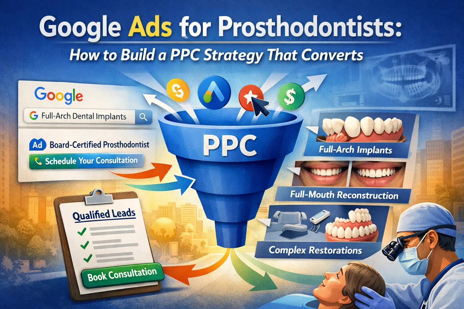 Illustration of Google Ads for prosthodontists showing a PPC funnel from high-intent implant search to ad click, procedure landing pages, and consultation-qualified leads for full-arch implants, full-mouth reconstruction, and complex restorations.