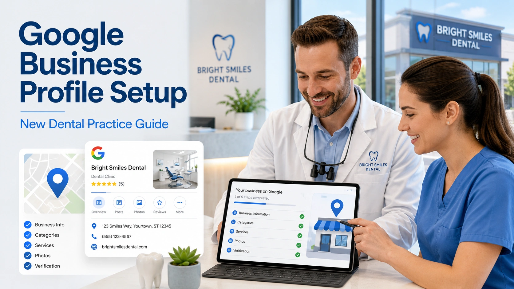Dentist and dental team setting up a Google Business Profile for a new dental practice with business information, services, photos and verification