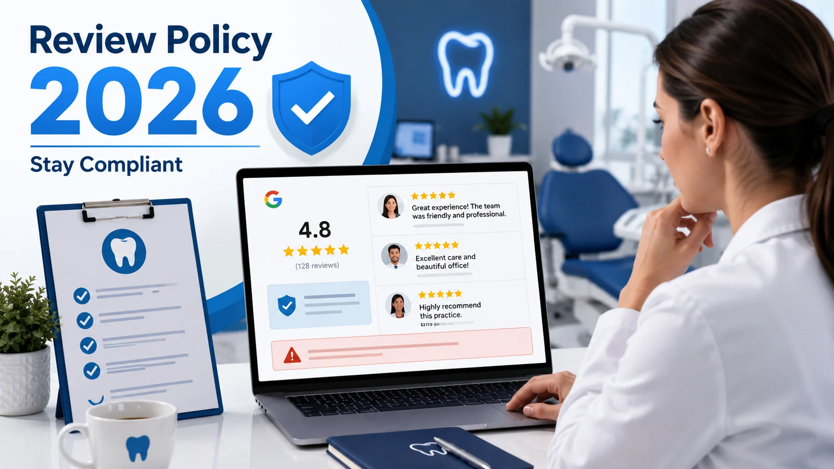 Dental professional reviewing a Google-style review policy compliance dashboard for a dental practice in 2026