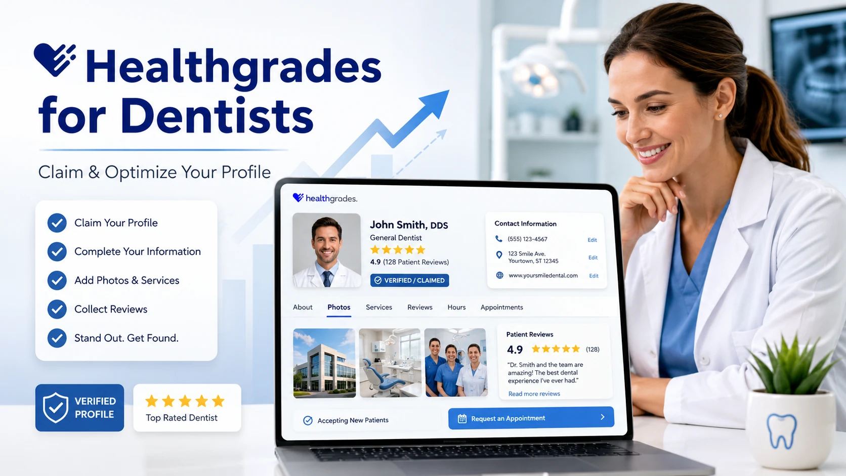 Healthgrades for dentists profile showing reviews, contact information, services, photos, and optimization steps