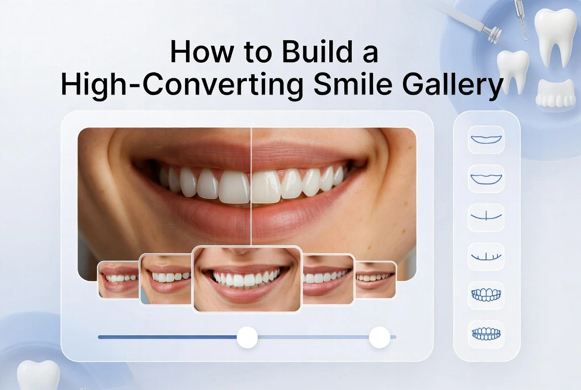 Digital dental smile gallery interface displaying before-and-after smile images with sliders and icon-based smile shape options, representing how to build a high-converting smile gallery.