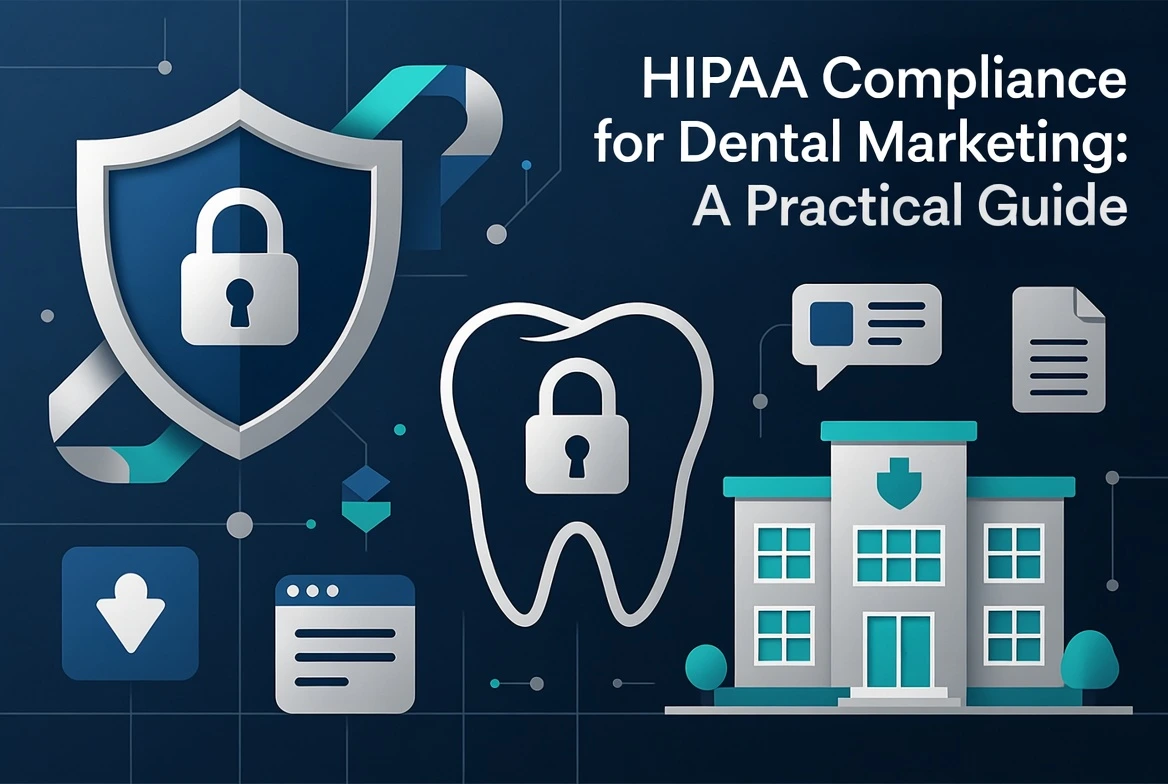 Illustration of dental marketing HIPAA compliance with a shield, lock icons, a dental office, and secure document symbols.