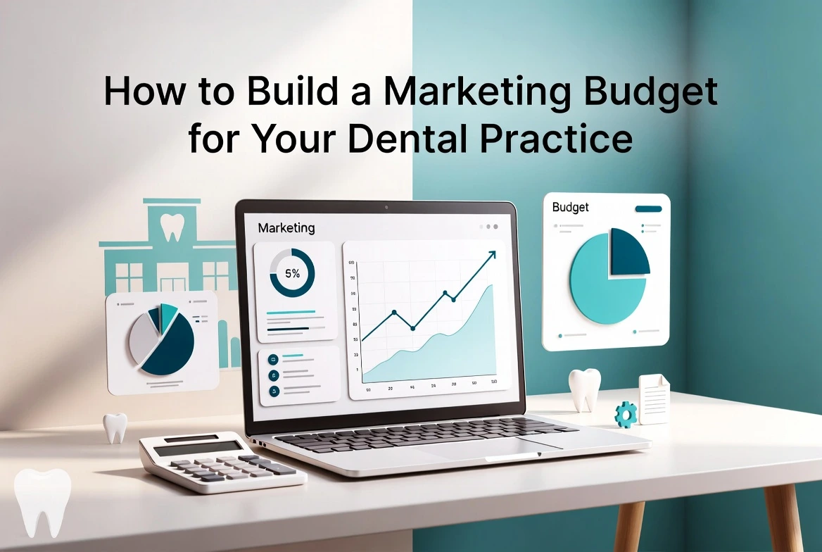 Illustration of a laptop with marketing charts and graphs, budget pie charts, calculator, and dental-themed icons.