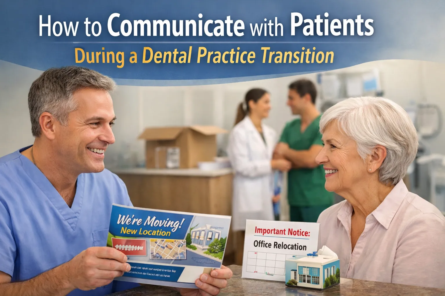 Dentist communicating with a patient during a dental practice transition, explaining office changes and relocation in a welcoming dental office setting