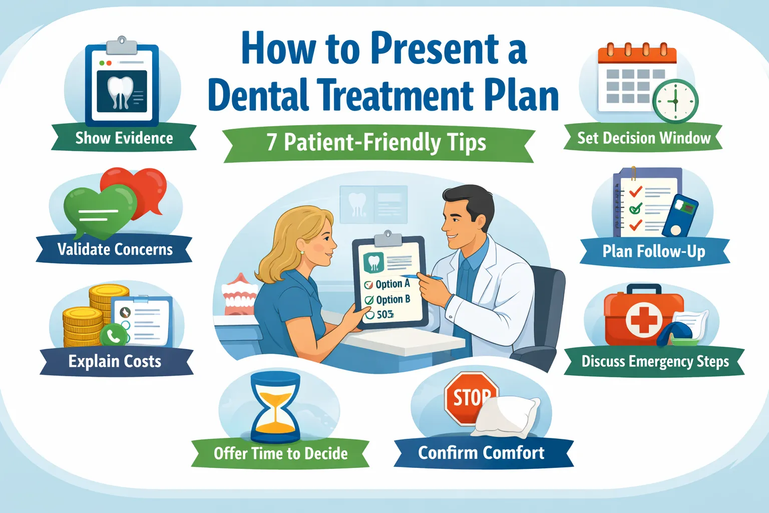 Infographic showing a dentist and patient discussing a dental treatment plan with seven patient-friendly tips like showing evidence, explaining costs, and confirming comfort.