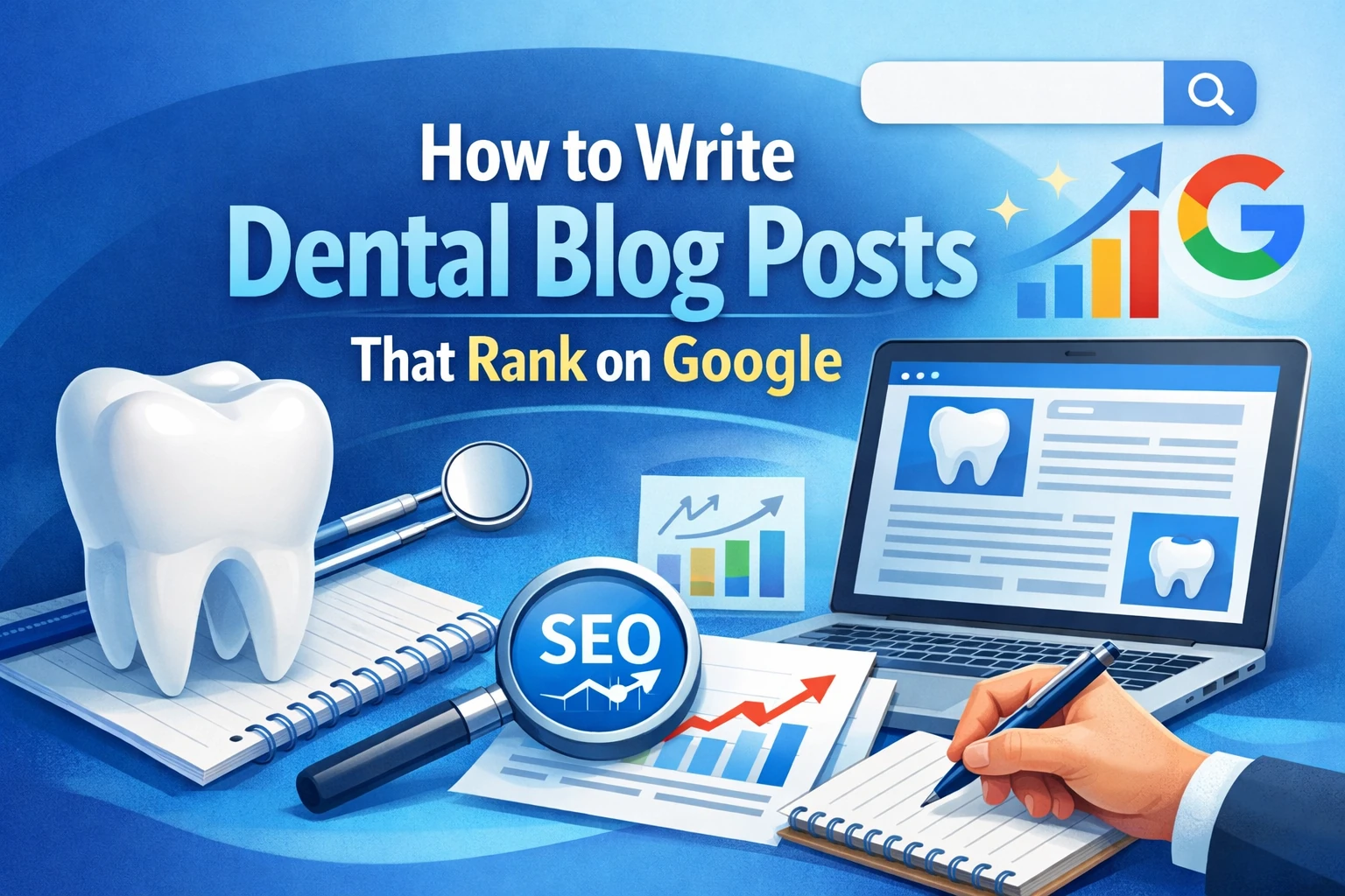 Featured image for how to write dental blog posts that rank on Google, showing a tooth, laptop with dental article layout, SEO charts, and writing tools.