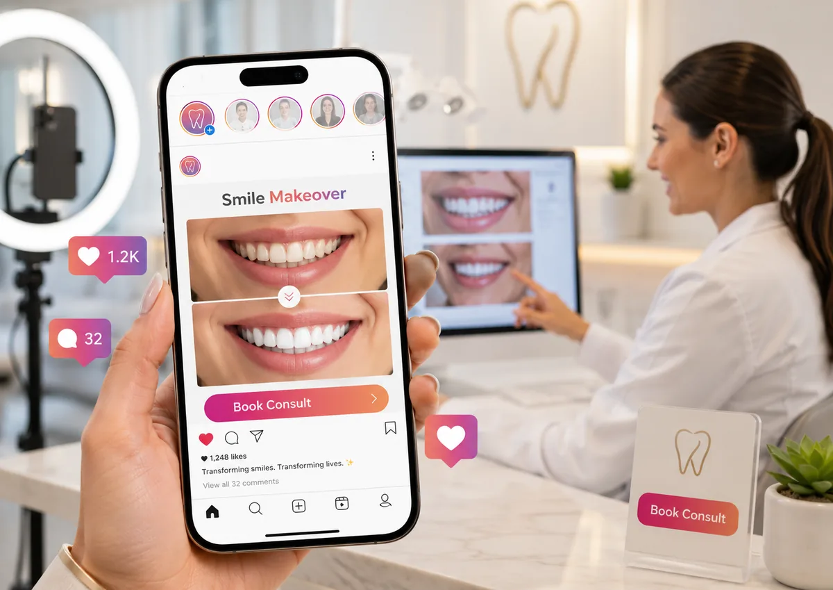 Instagram marketing for cosmetic dentists showing a smile makeover social media post with engagement icons and a book consult call to action in a modern dental office