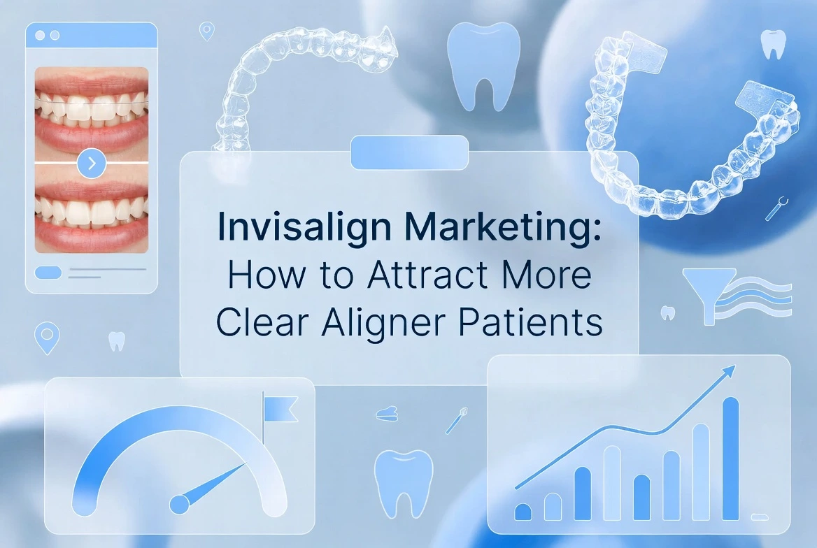 Clear aligner marketing graphic showing Invisalign trays, before-and-after teeth images, and growth charts.