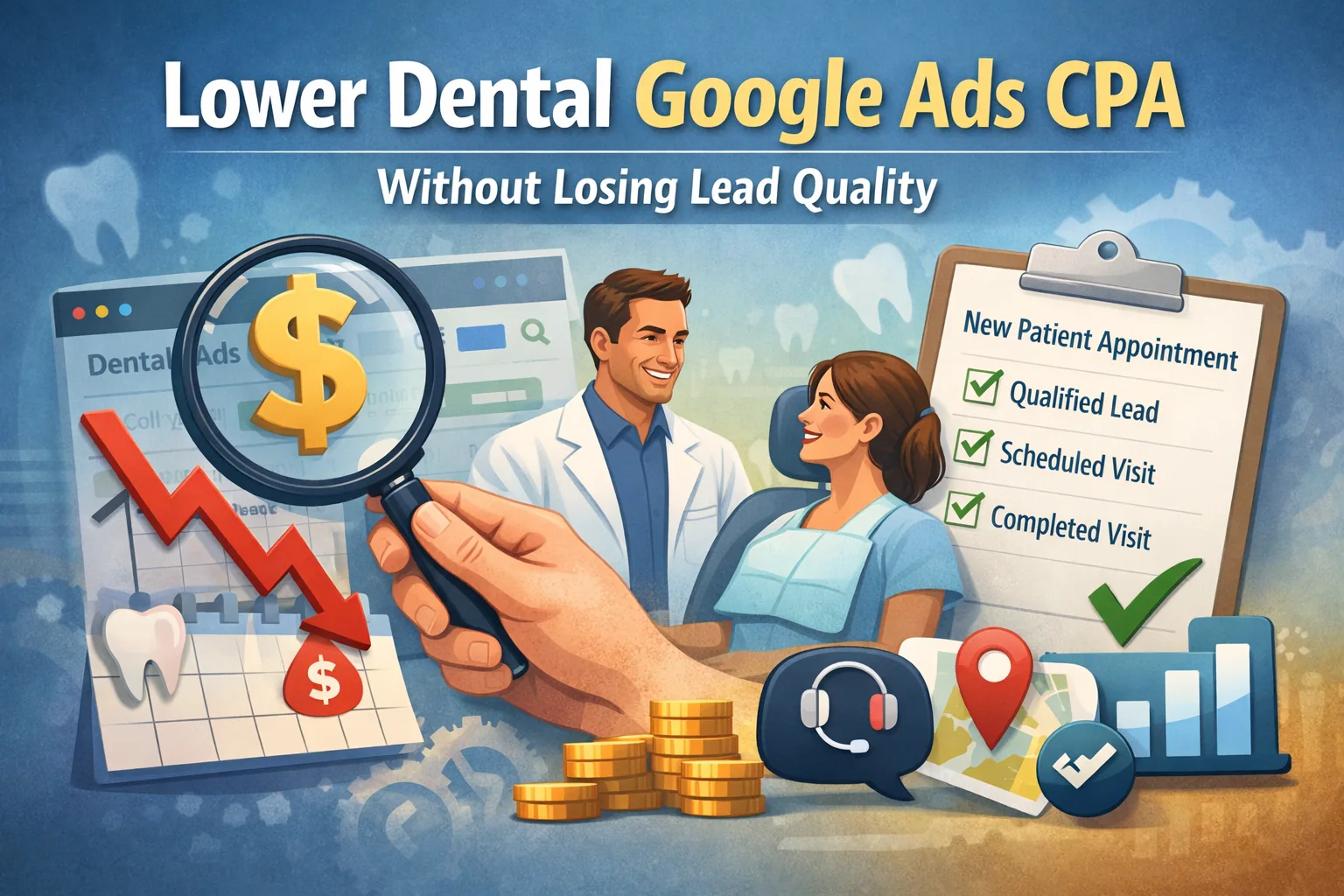 Illustration of lowering dental Google Ads CPA with a checklist for qualified leads, scheduled and completed visits, plus call tracking and analytics icons.