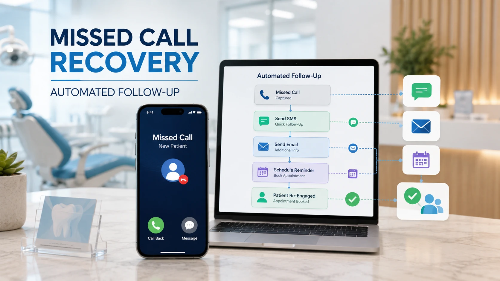 Dental marketing automation dashboard showing missed call recovery, automated SMS follow-up, email reminders, and appointment booking workflow for lost patient leads