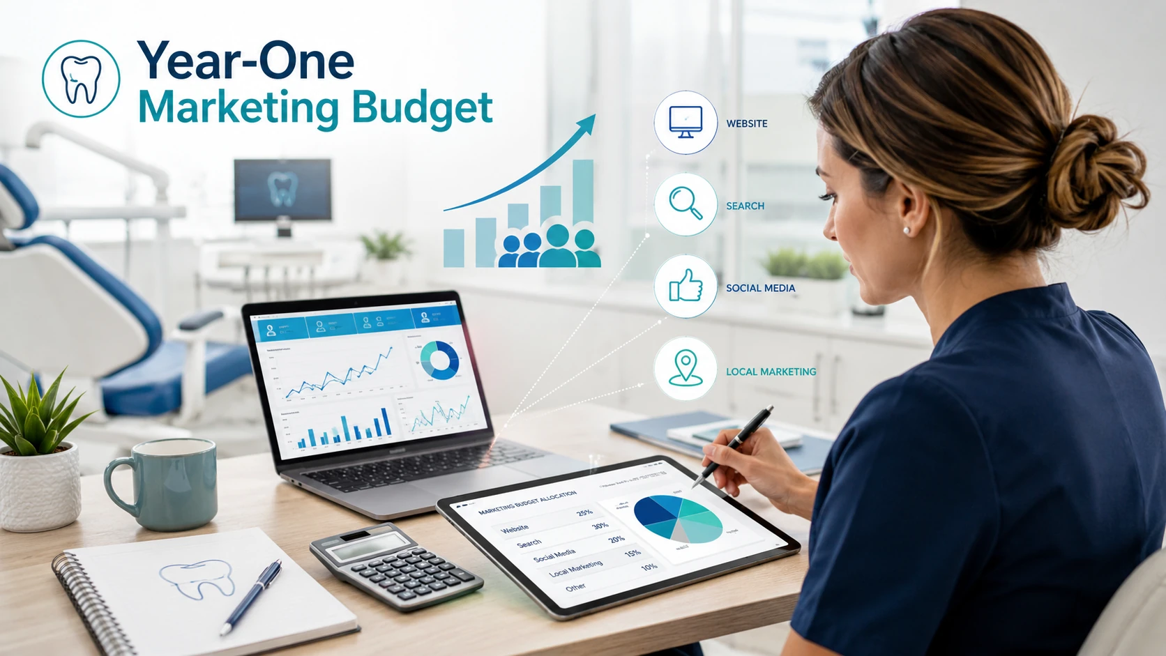 New dental practice marketing budget planning with year-one spend allocation, analytics charts, and patient growth strategy in a modern dental office